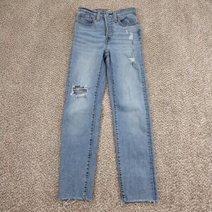 Levi's Wedgie Straight Jeans Womens 24 Blue Light Wash Button Fly Distressed